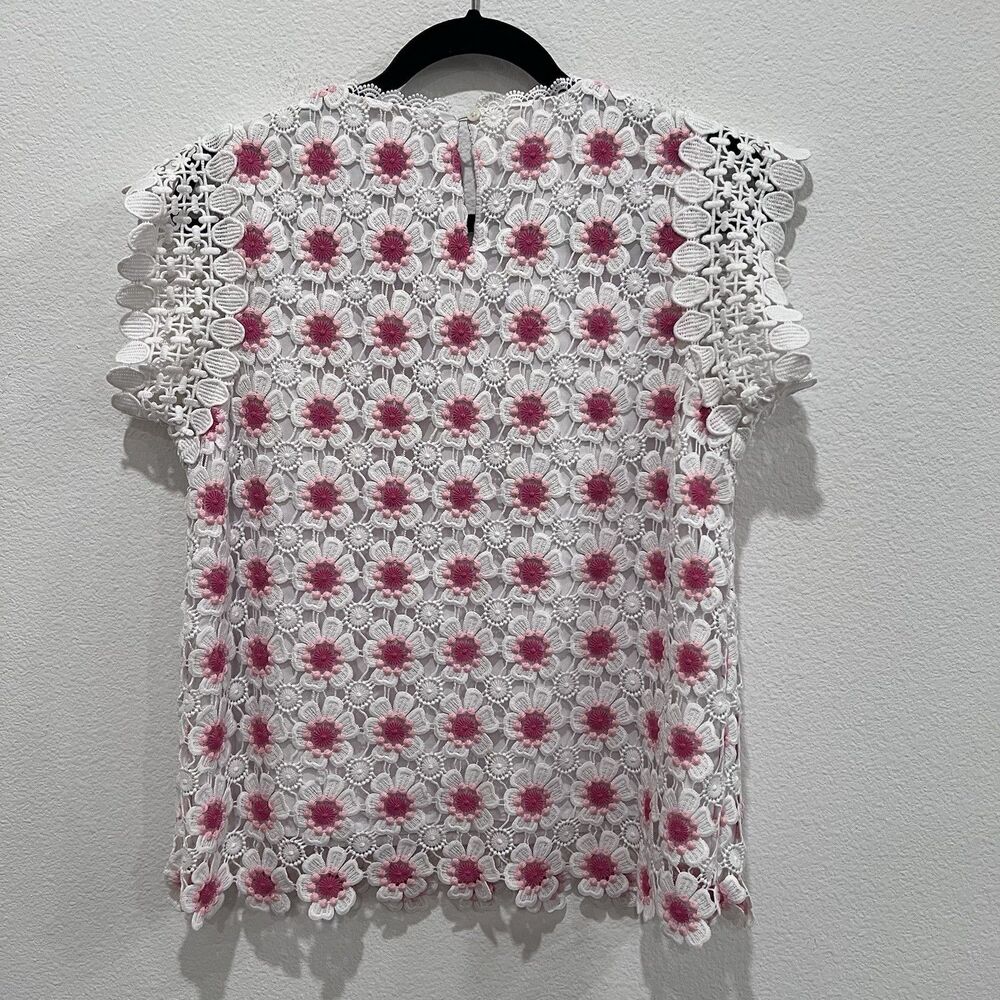 J Crew White Coral Pink Floral Crochet Short Sleeve Blouse Small Spring Easter - Picture 5 of 7